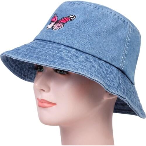 Fashion Butterfly Embroidery Denim Bucket Hat Women Summer wild Panama hats fishing cap Woman bucket hats hip hop Fisherman hats