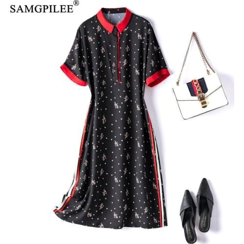 Summer Women Dresses Elegant Patchwork Animal Pattern Turn Down Collar Short Sleeve Over The Knee Chiffon Korean Style Dress 4XL