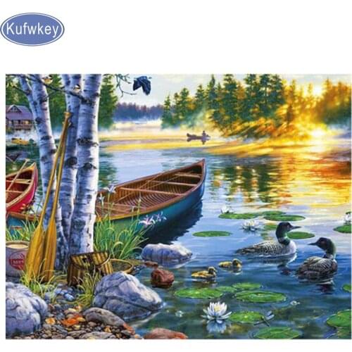 Full Square,Diamond Embroidery,nature scenery boat/trees/duck,5D,Diamond Painting,Cross Stitch,3D,Diamond Mosaic,Needlework