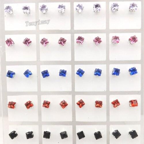 4.5mm Classic Square Shape Zircon Earring Studs Match With Anything 9 Colors 36 Pairs Wholesale