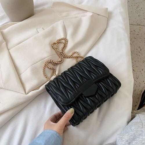 Women Bag Pleated Pattern Chains Design Shoulder Crossbody Bag Fashion Trend Small Square Bag Ladies PU Leather Messenger Bag