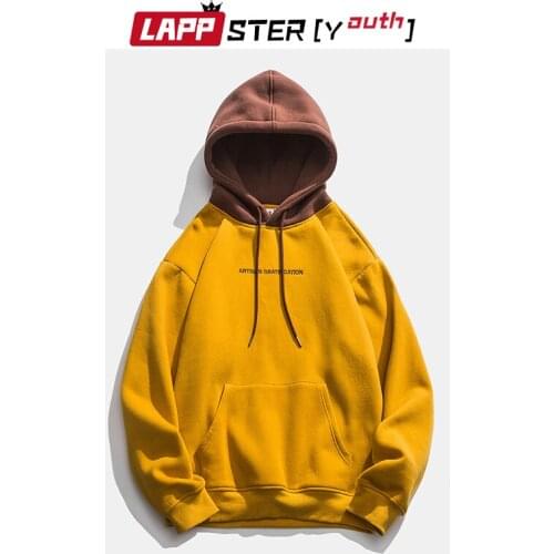 LAPPSTER-Youth Men Fleece Harajuku Patchwork Hooded Hoodies 2020 Autumn Mens Streetwear Oversized Black Sweatshirts Japanese Top