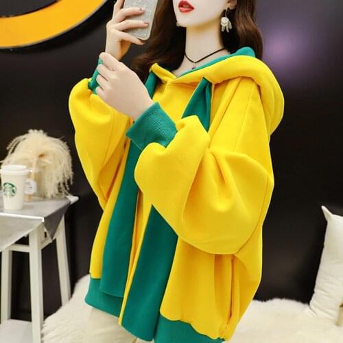 2021 Korean Hooded Sweatshirts Casual Solid Patchwork Long Sleeve Thick Fleece Hoodies Fashion Oversized Mid Length Hoodie