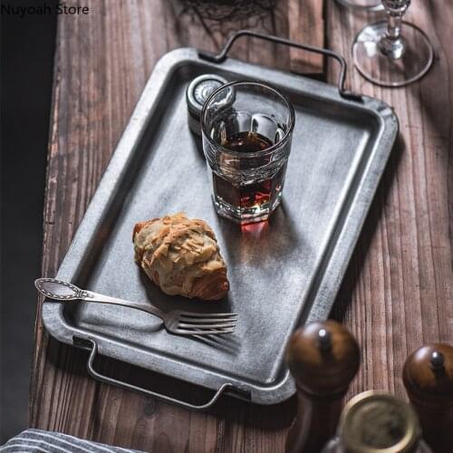 Vintage Wrought Iron Tray Silver Gray Binaural Handle Dinner Plate Tray Home Gourmet Saucer Storage Photography Ornaments