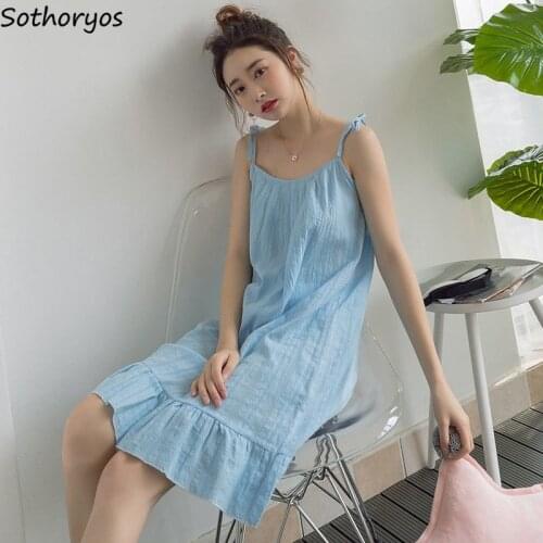 Women Nightgowns Solid Sleeveless Spaghetti Strap Knee Length Soft Loose Kawaii Sexy Ulzzang Female Sleepwear All-match Chic