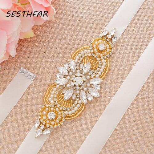 SESTHFAR Pearls Wedding Belt Crystal Bridal Sash Gold Rhinestones Bridal Dress Belt For Wedding Accessories
