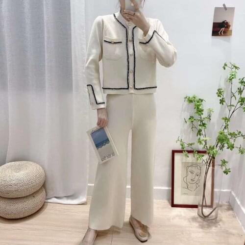 Fashion Knitted Sweater Tops Pants Two Piece Sets For Women Autumn New Long Sleeve Cardigans Knitwear + Wide Leg Trousers Suits