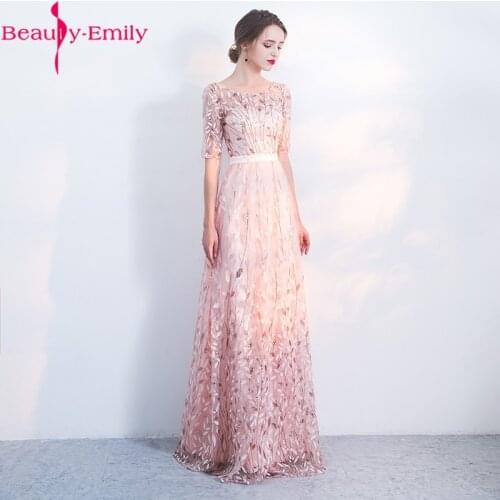 Beauty Emily Elegant Sequined Lace Half Sleeve Evening Dresses Long Romantic O Neck Lace Up Back A Line Formal Party Dress