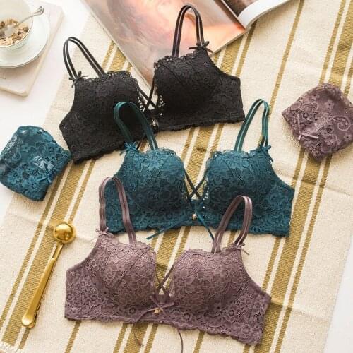 Wasteheart Women Red Green Lace Trim Cross Straps Bralette Cotton Panties Push Up Bra Sets Underwear Sexy Lingerie Sets A B