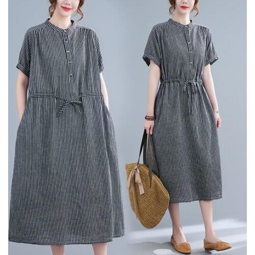 Korea Style striped Chic Dress 2021 New Arrival Short Sleeve Loose Women Casual Summer Dress Draw String Office Lady Work Dress