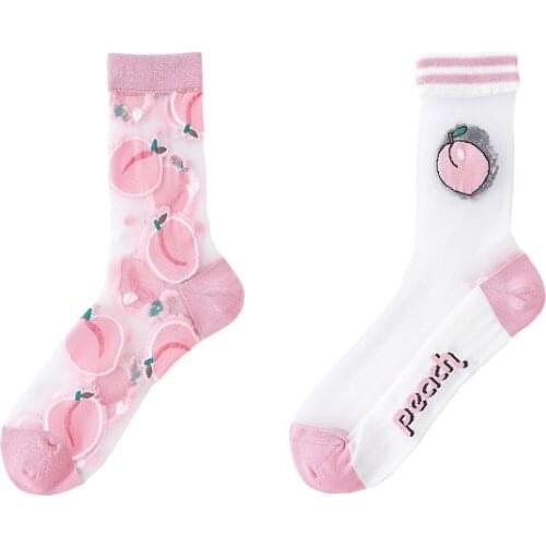 1 Pair Spring Summer Socks Womens Casual Creative Transparent Silk Trend Cute Fruit Pink Peach Print Ultrathin Glass Silk Socks