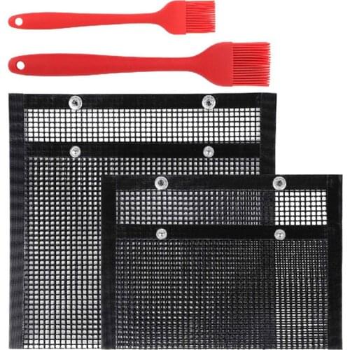 2 Pcs Reusable Non-stick BBQ Grill Mesh Bag with 2 Pcs Silicone Brush Large Bake X7YD