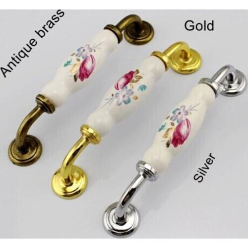 5" antique cabinet handles ceramic drawer cupboard wardrobe pulls gold shiny silver zinc alloy furniture handles knob pulls