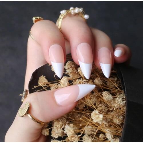 Long stiletto nails white tip nude french fasle nails sheer white pink almond fake nail 24pcs
