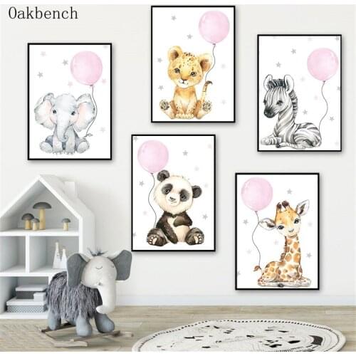 Nursery Canvas Painting Tiger Elephant Giraffe Zebra Panda Poster Balloon Wall Art Print Animal Pictures Baby Girls Room Decor