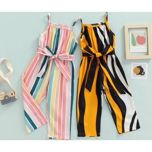 Girls Casual Bandage Sleeveless Suspender Jumpsuit Summer Fashion Stripe Printing Overalls Long Pants Childrens Clothing