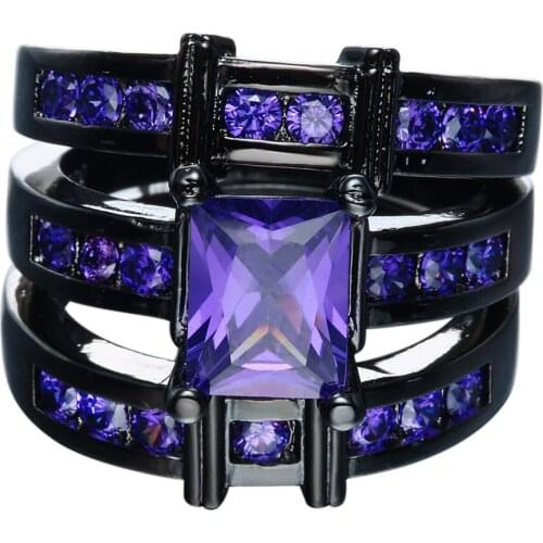 New Vintage Three Band Black Rings Ring Sets Princess Cut Purple CZ Cubic Zirconia Engagement Jewelry for Women