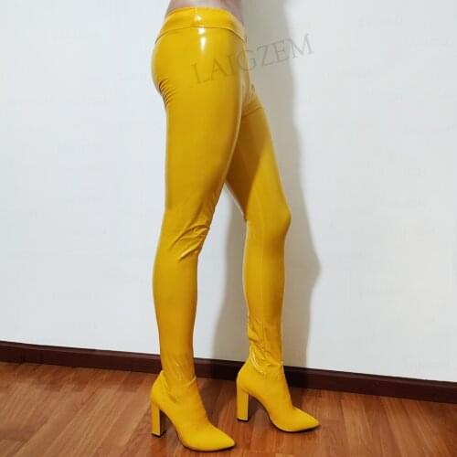 LAIGZEM Women Elastic Waist High Boots Block Thick Heels Pantyhose Over Knee Boots Cosplay Club Shoes Woman Large Size 38 44 47