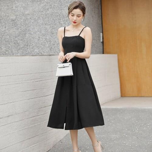 Summer Women black Strap Dress Sexy Solid Lady a-line Dress midi Dresses Female Banquet party Dress