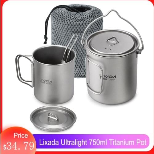 Lixada Ultralight 750ml Titanium Pot Portable Titanium Water Mug Cup with Lid and Foldable Handle Outdoor Camping Cooking Picnic