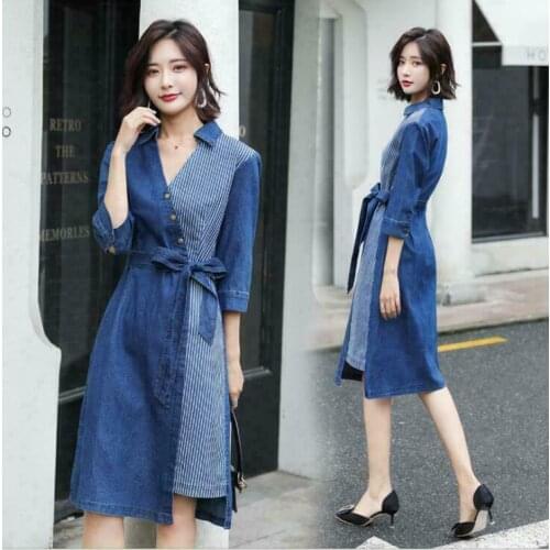 Fashion Womens Korean V-neck Skirt Slim Denim Long With Belted Dress M-5XL SZ