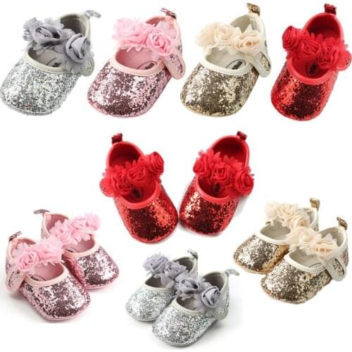 Sweet Sequin Newborn Baby Girls Princess Flowers Soft Crib Shoes Anti-slip First Walkers Shoes 0-18M