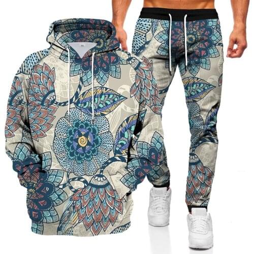 2021 new spring and autumn mens 3D flower printing 2-piece sportswear hooded sweater + pants pullover casual mens suit