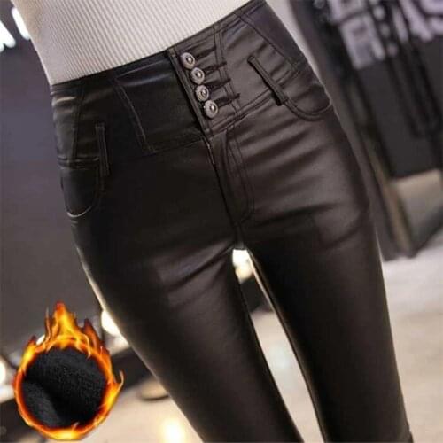 Single-breasted Stretch Fleece Winter Pants Women PU Warm Female Pencil Velvet Trousers Skinny Leather Pants 2020