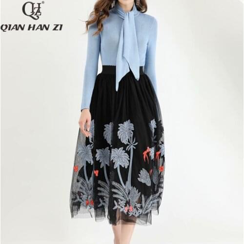 Qian Han Zi Autumn designer fashion Suit sets Womens Bow Collar Blue Knit Top+Vintage Mesh Embroidered Skirt two Piece Set