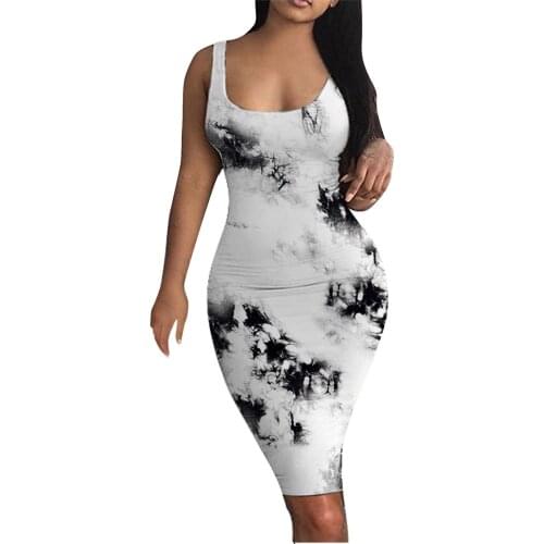 Sexy Skinny Party Club Midi Dress Women Tie-dye Print Tank Dress Sexy Sleeveless Basic Bodycon Dresses for Women Summer Vestidos
