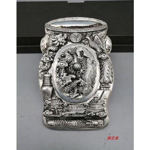 Rare Old Chinese HanDyansty(25---186)silver inkst Statue/ Sculpture,Dragon&phoenix,best collection&adornment,free shipping