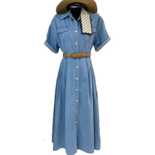 Blue Denim Dress Women Plus Size Loose Summer Short-sleeve Single-breasted Denim Dress Female Casual Wild Belt Dress NS2629