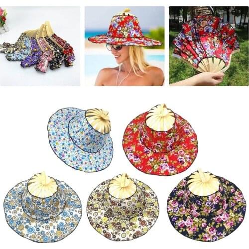 2021 Foldable Hand Fan Sun Hat 2 In1 Portable Floral Printed Bamboo Hat Outdoor Travel Female Seaside Holiday Sunhat Summer Caps