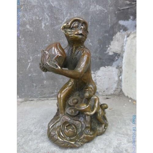 8" China brass carved fine peach Yuan bao peony two monkeys Sculpture statue