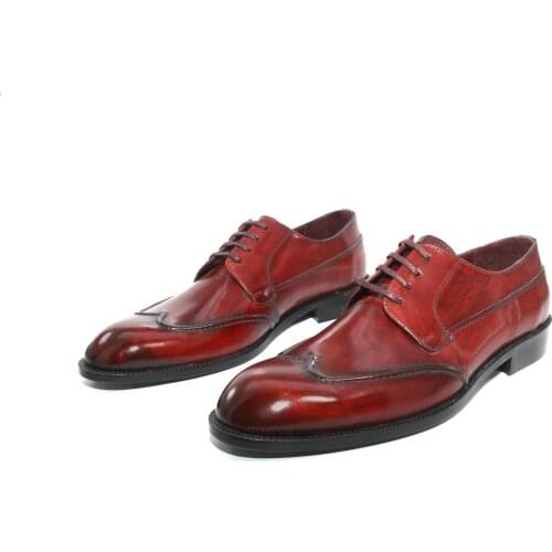 SHENBINS Handmade Burgundy Patina Derby Shoes, Real Hand Dyed Leather, Exclusive Leather Soles, Premium Classic Footwear