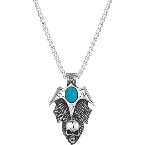 Stainless Steel Vintage Skull Turquoises Stones Cross Pendant Necklace Jewelry with Chain Gift For Him