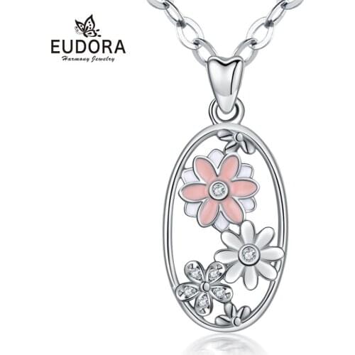 EUDORA Pink Cherry Flower Pendant Crystal CZ Necklace 18 Inch Chian For Women Birthday Party Gift Good Luck Jewelry with Box T15