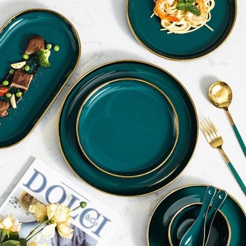 Green Ceramic Dishes Plates for Food Luxury Porcelain Salad Noodles Soup Bowl Dessert Cake Steak Plate for Kitchen Restaurant