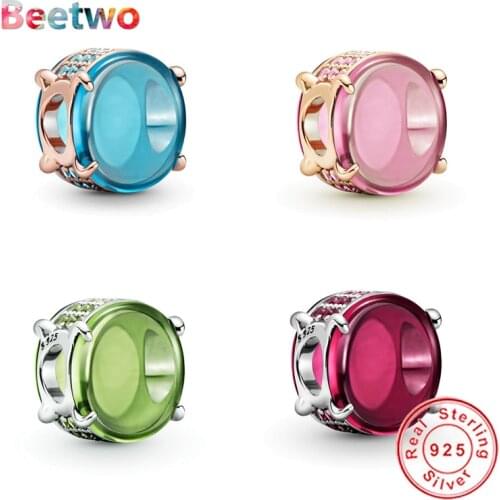 925 Sterling Silver Green Pink Blue Oval Cabochon Charm Fit Original Pandora Charms Bracelet Beads 925 Silver Jewelry Berloque