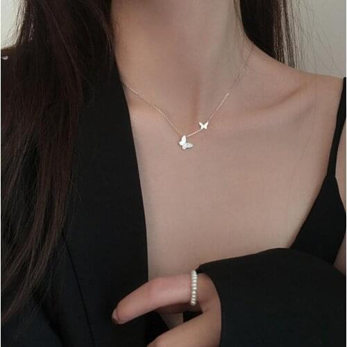 Hot Korean 925 Sterling Silver Sweet Double Butterfly Handmade Necklace Female Temperament Short Paragraph Clavicle Chain Collar
