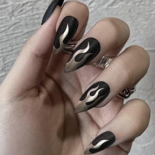 24pcs/Set Punk Stiletto Matte Fake Nails European Black Fire Pattern Artificial Fingernail Decal Full Nail Art Tips with Glue