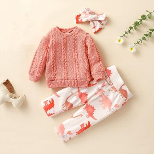 3Pcs Kids Baby Girls Autumn Clothing Set Long Sleeves Knit Sweater+Dinosaur Print Pants+Hairband for Girls Cute Casual Outfits