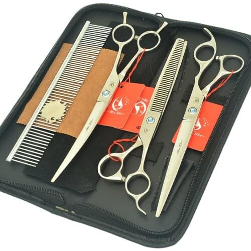 8.0" Pet Grooming Scissors Kit Dog Hairdressing Shears Animal Hair Cutting Thinning Curved Clipper Haircut Tool Comb Bag HB0247