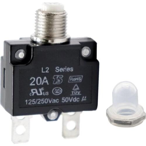 2pcs 15/20A Push Button Circuit Breaker 50V DC or 125/250V AC, Mounts in 3/8 inch (10 mm) Round Hole, Transparent Button Caps