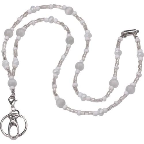White Womens Lanyard Necklace Beaded ID Card Holder Badge Holder Key Neck Chain Lanyards Keychain Nurse Accessories
