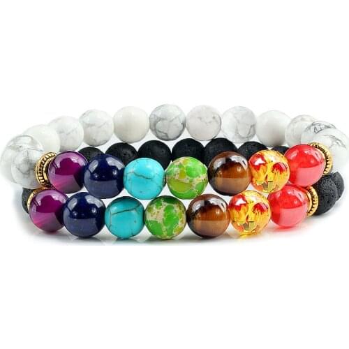 2pcs/set Couple Distance 7 Chakra Bracelet Charm Women Black Lava Hematite Energy Natural Stone Beads Bracelets Men Jewelry Gift