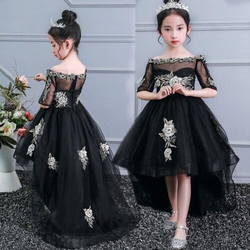 Children Long Tail Princess Vintage Floral Dresses Lace Flower Girl Dresses for Weddings Word Shoulder Embroidered Host Clothes