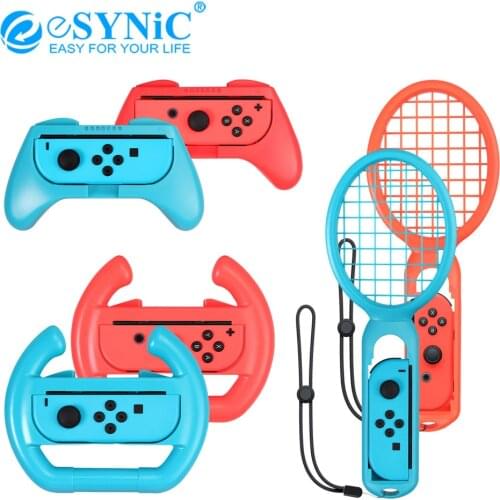 ESYNiC 3 In 1 Switch Controller Grip Handle Kit forNintendo Switch Joy-Con Tennis Racket Steering Wheel Wrist Strap Accessories