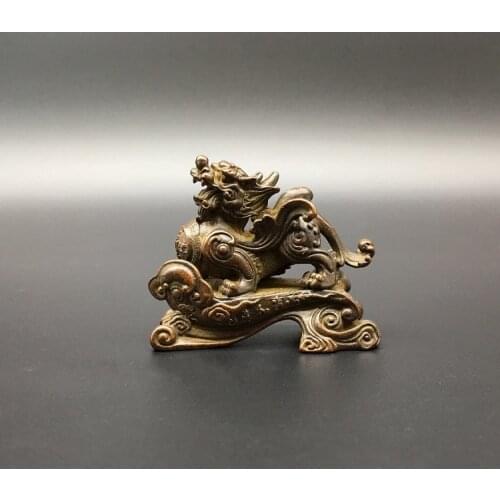 Collection Chinese Brass Carved Mythical Animals Pixiu Brave Troops Auspicious Clouds Exquisite Small Statue