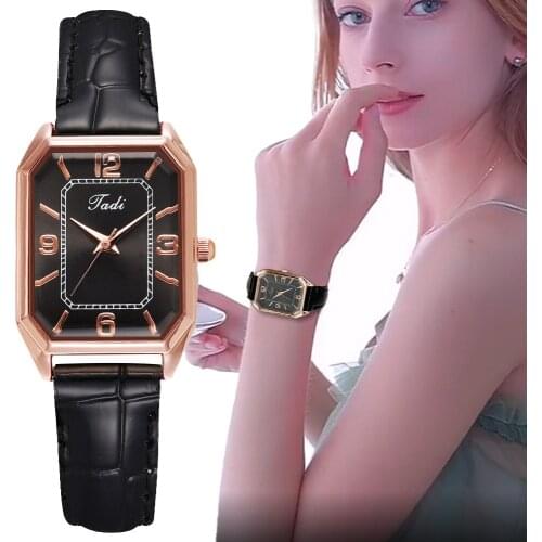 Minimalist Women Quartz Watches Fashion Casual Ladies Black Leather Wristwatches Retro Rectangle Design Woman Clock Simple Hours